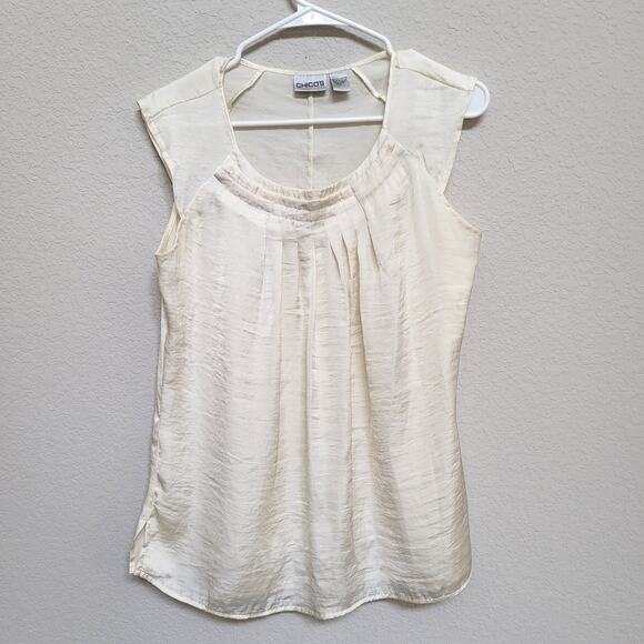 Chico's Cream  Sleeveless Top Size Medium 8 Chicos 1 Pleated Front Blouse - Picture 1 of 13